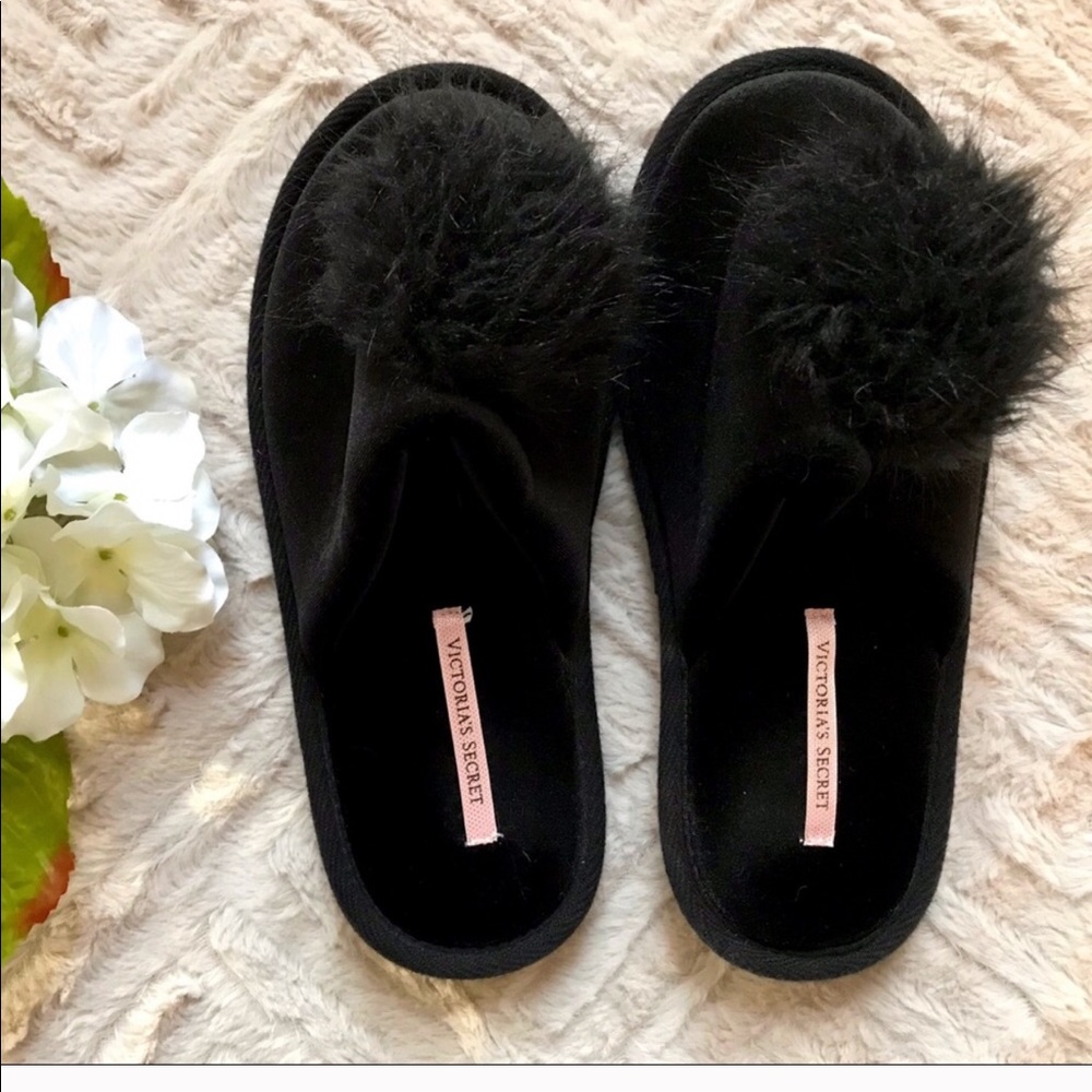 Victoria Secret Black Pom Slippers - Picture 2 of 8